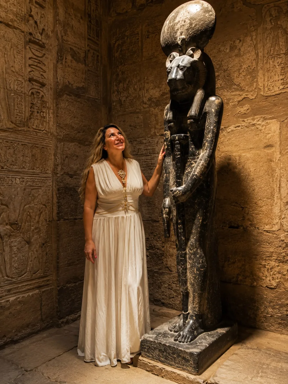 Zhivka Hristova beside the statue of Sekhmet inside the temple